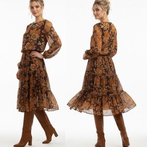 Manoush French Designer Semi Sheer Long Sleeve Tiered Dress Vintage Boho S/M